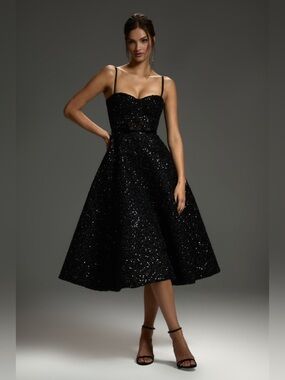 Nadine Merabi Marilyn Midi Black Sequin Dress Large